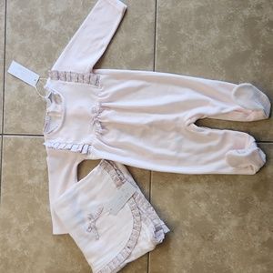 B.S. pink velvet footsie with floral ruffles & muslin blanket